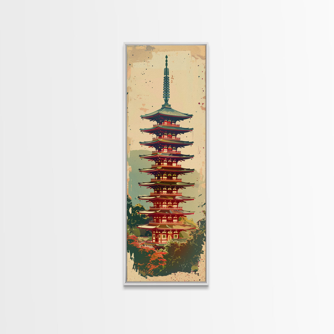 Tall Art, Skinny Art, Japanese Style Art, Pagoda Tower Wood Block Print Framed Canvas Print Ukiyo-e Art