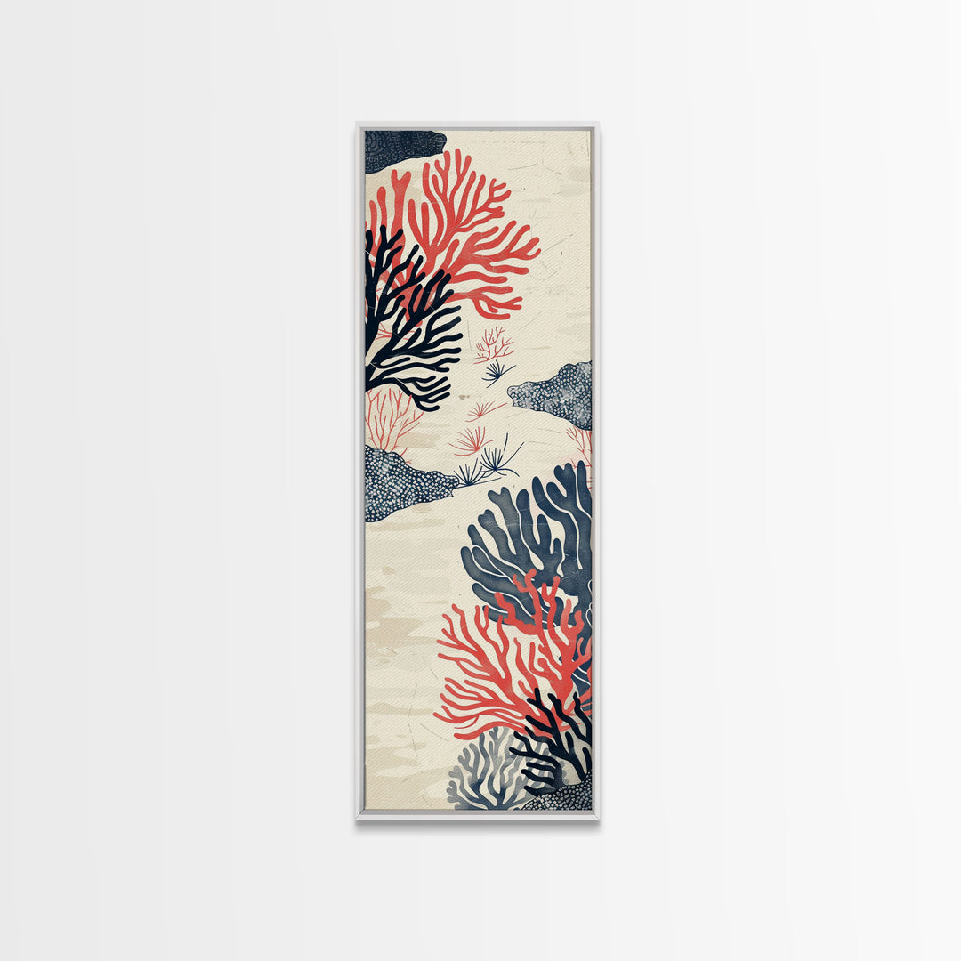 Skinny Art, Tall Art, Japanese Style Art, Coral Reef Wood Block Print Framed Canvas Print Ukiyo-e Art