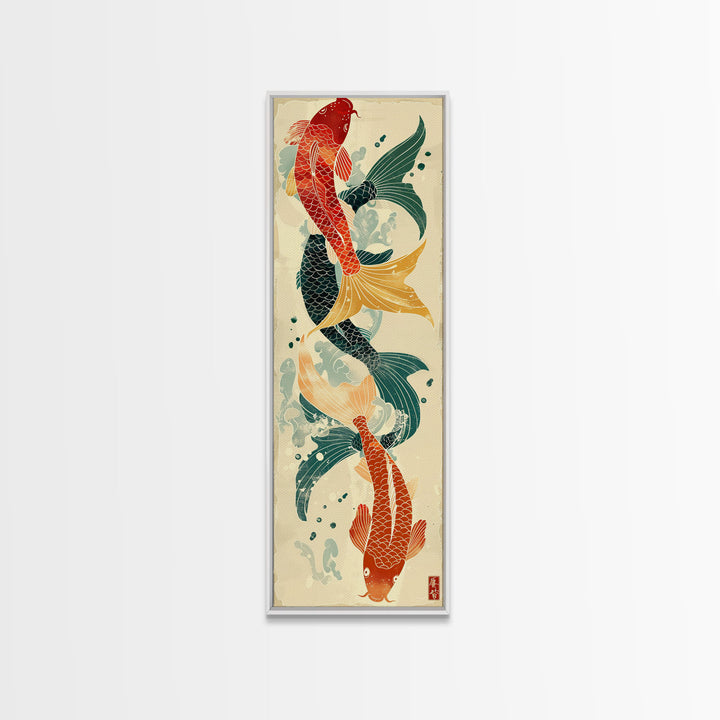 Ukiyo-e Art Of Two Koi Fish Intertwined In A Harmonious Composition, Skinny Art, Tall Art, Japanese Style Art, Wood Block Print, Framed Canvas Print