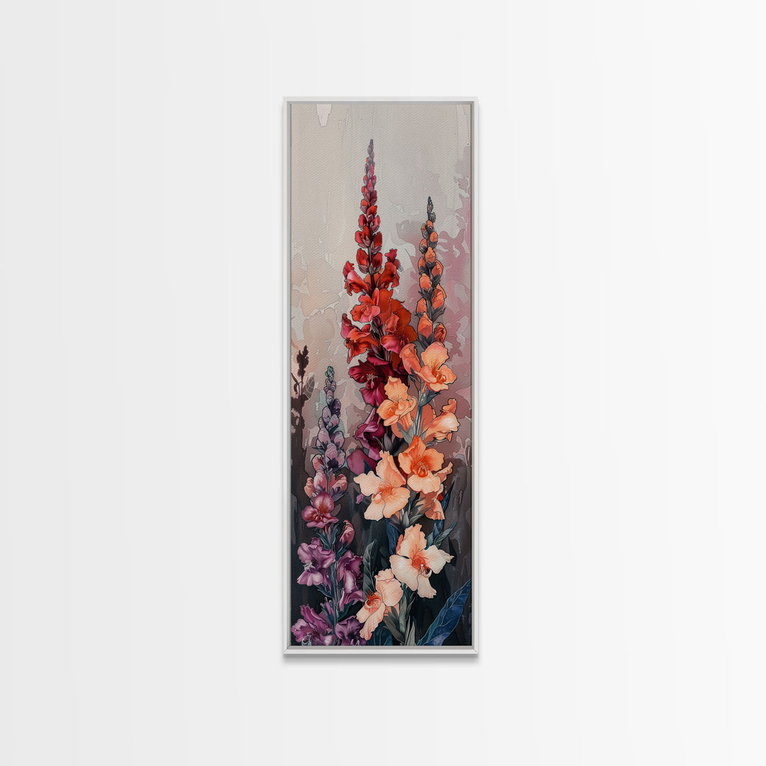 Wood Block Print Featuring Vibrant Gladiolus Flowers In A Dynamic Arrangement, Skinny Art, Tall Art, Japanese Style Art, Ukiyo-e Art, Framed Canvas Print