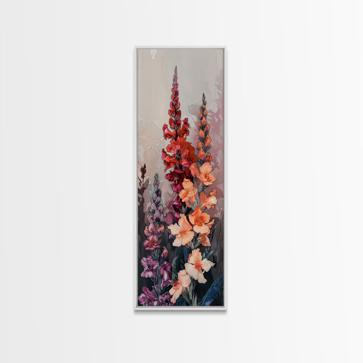 Wood Block Print Featuring Vibrant Gladiolus Flowers In A Dynamic Arrangement, Skinny Art, Tall Art, Japanese Style Art, Ukiyo-e Art, Framed Canvas Print