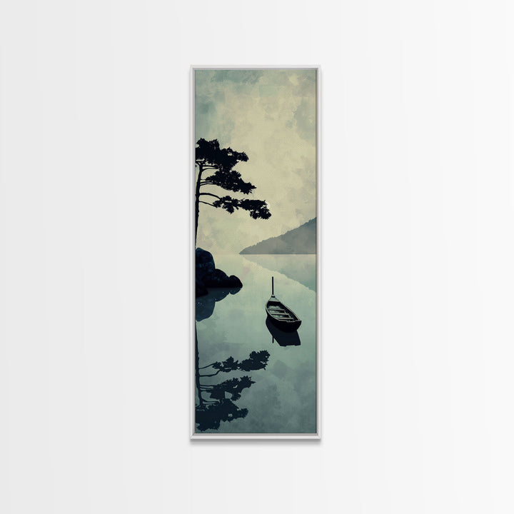 Skinny Art Tall Art Serene Lake Scene With Boat Wood Block Print Japanese Style Art Framed Canvas Print Calm Reflections On Still Water