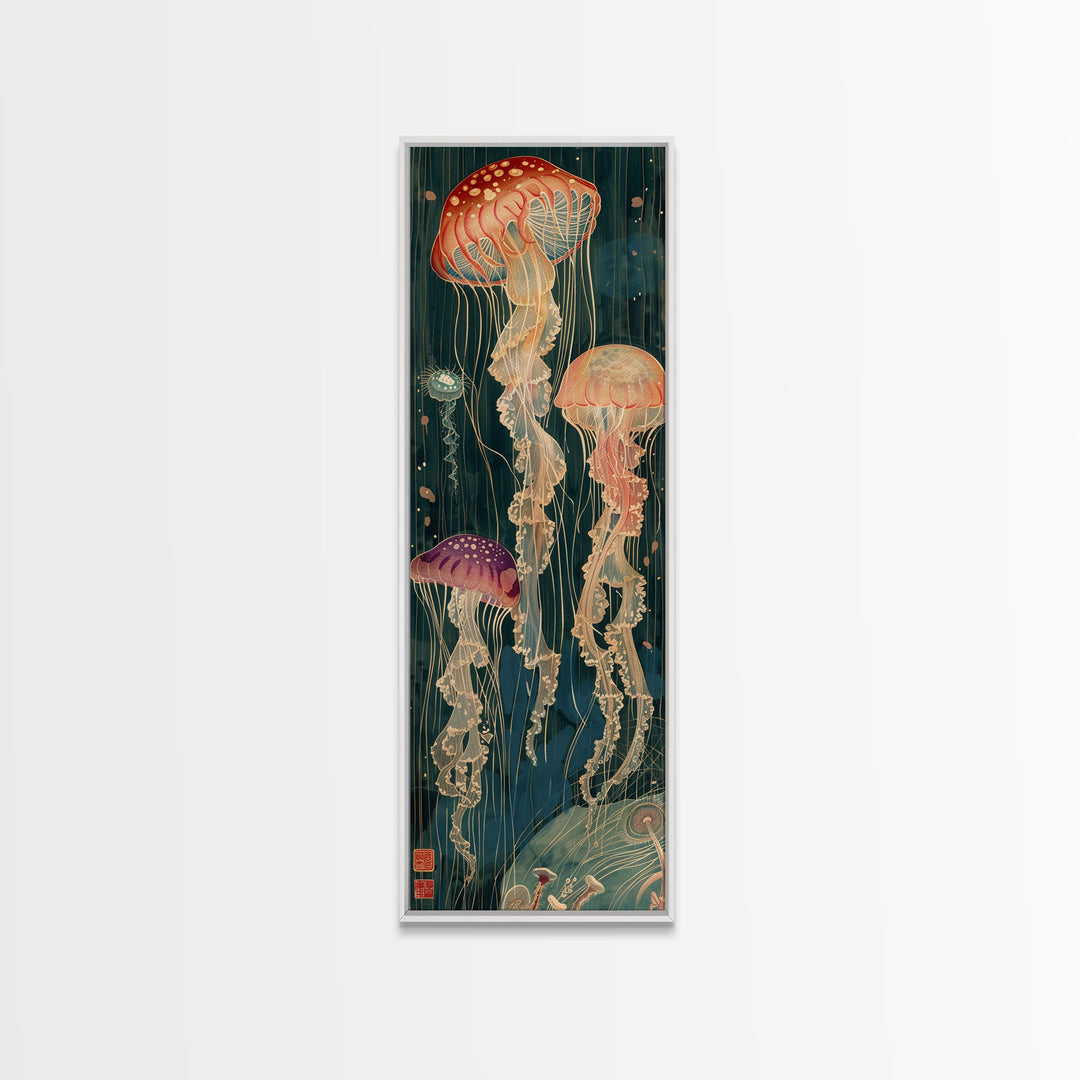 Skinny Art Tall Art Jellyfish Wood Block Print Japanese Style Art Captivating Underwater Scene Framed Canvas Print