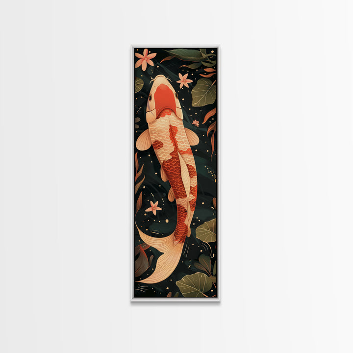 Skinny Art Tall Art Koi Fish Wood Block Print Japanese Style Art Swimming Among Lotus Flowers Framed Canvas Print