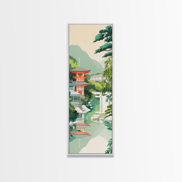 Skinny Art Tall Art Tranquil Japanese Garden Wood Block Print Japanese Style Art With Pagoda Reflected In Water Framed Canvas Print