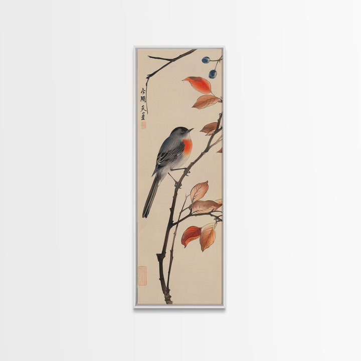 Songbird Perched On Branch With Autumn Leaves Skinny Art Wood Block Print Framed Canvas Print