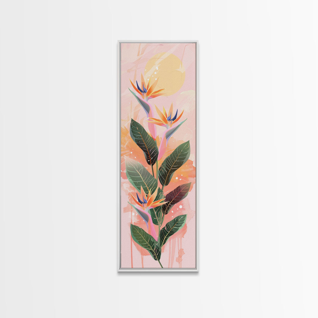 Vibrant Bird Of Paradise Flowers Against Soft Pastel Background Ukiyo-e Style Skinny Tall Wood Block Framed Canvas Print