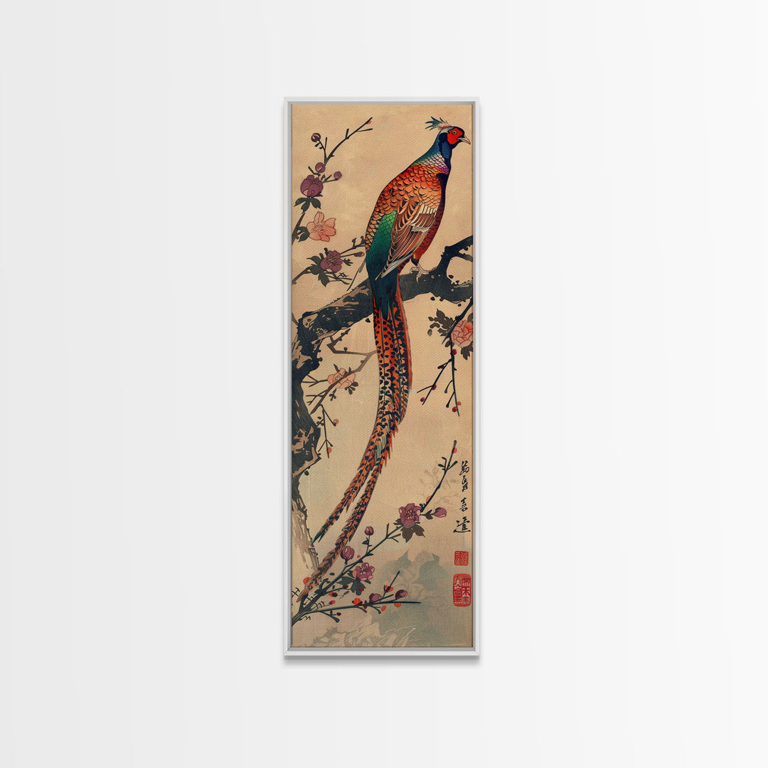 Vibrant Pheasant Perched On Flowering Branch For Traditional Japanese Art Wall Decor Framed Canvas Print