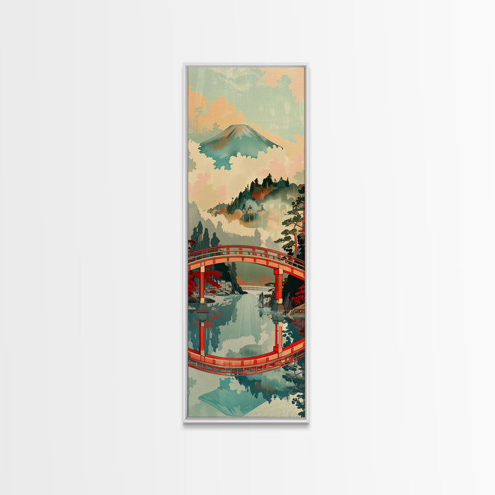 Stunning Mount Fuji With Red Bridge Reflection, Skinny Tall Framed Canvas Print, Feng Shui-Inspired Japanese Style Art For Wall Art