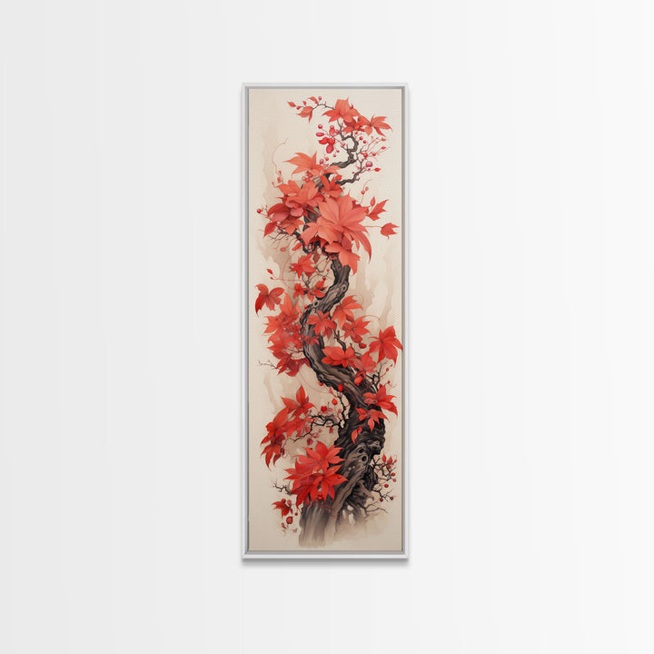 Twisting Red Vine With Autumn Berries, Skinny Tall Canvas Art Perfect For Feng Shui-Inspired Japanese Style Wall Art