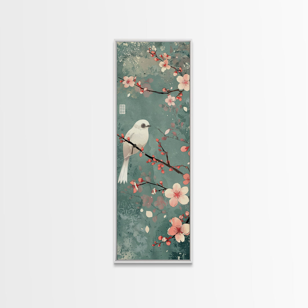 White Bird Perched On A Branch With Blossoms – Framed Canvas Print Combining Skinny Art And Tall Art Inspired By Ukiyo-E Art And Japanese Style Art