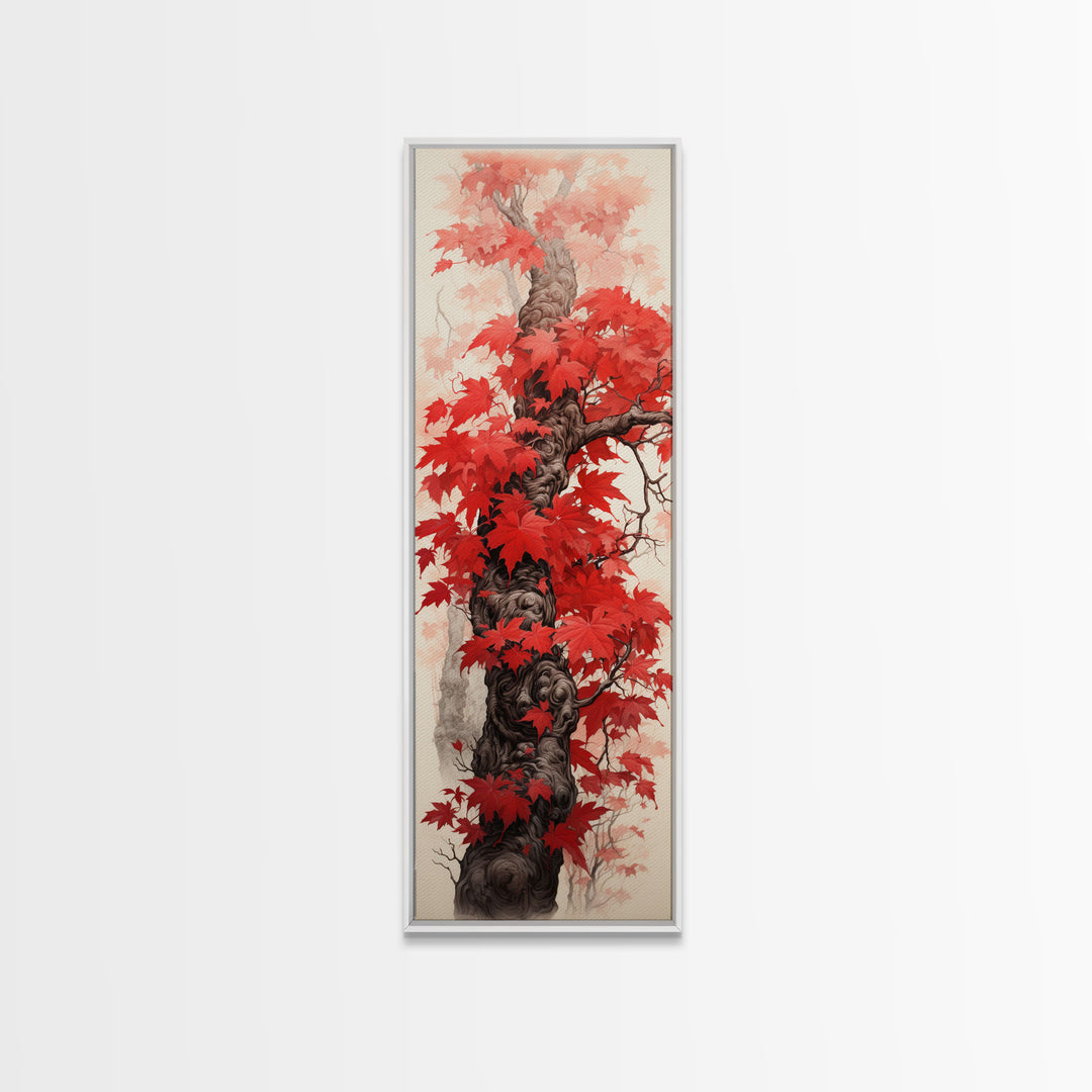 Skinny Art Tall Art Framed Canvas Print Japanese Style Art Wood Block Print Red Maple Leaves Tree Trunk Ukiyo-e Feng Shui Wall Art