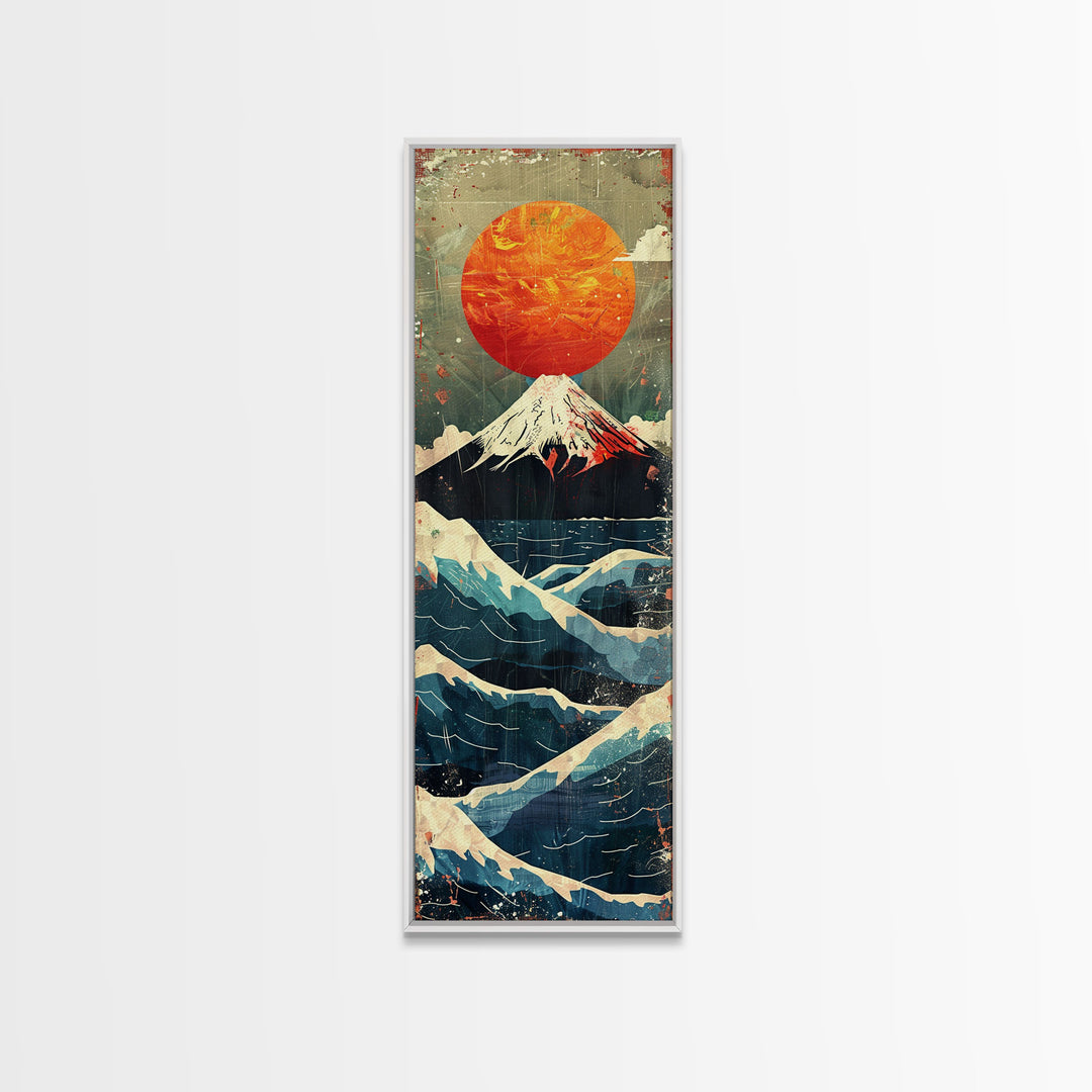 Skinny Art Tall Art Framed Canvas Print Japanese Style Art Mount Fuji Sunset Wood Block Print Ukiyo-e Feng Shui Wall Art