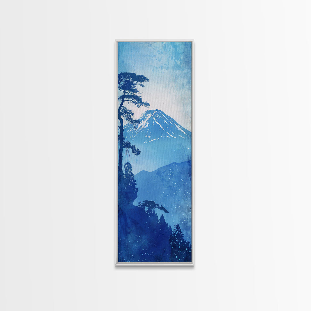 Skinny Art Tall Art Framed Canvas Print Japanese Style Art Blue Mount Fuji Forest Wood Block Print Ukiyo-e Feng Shui Wall Art