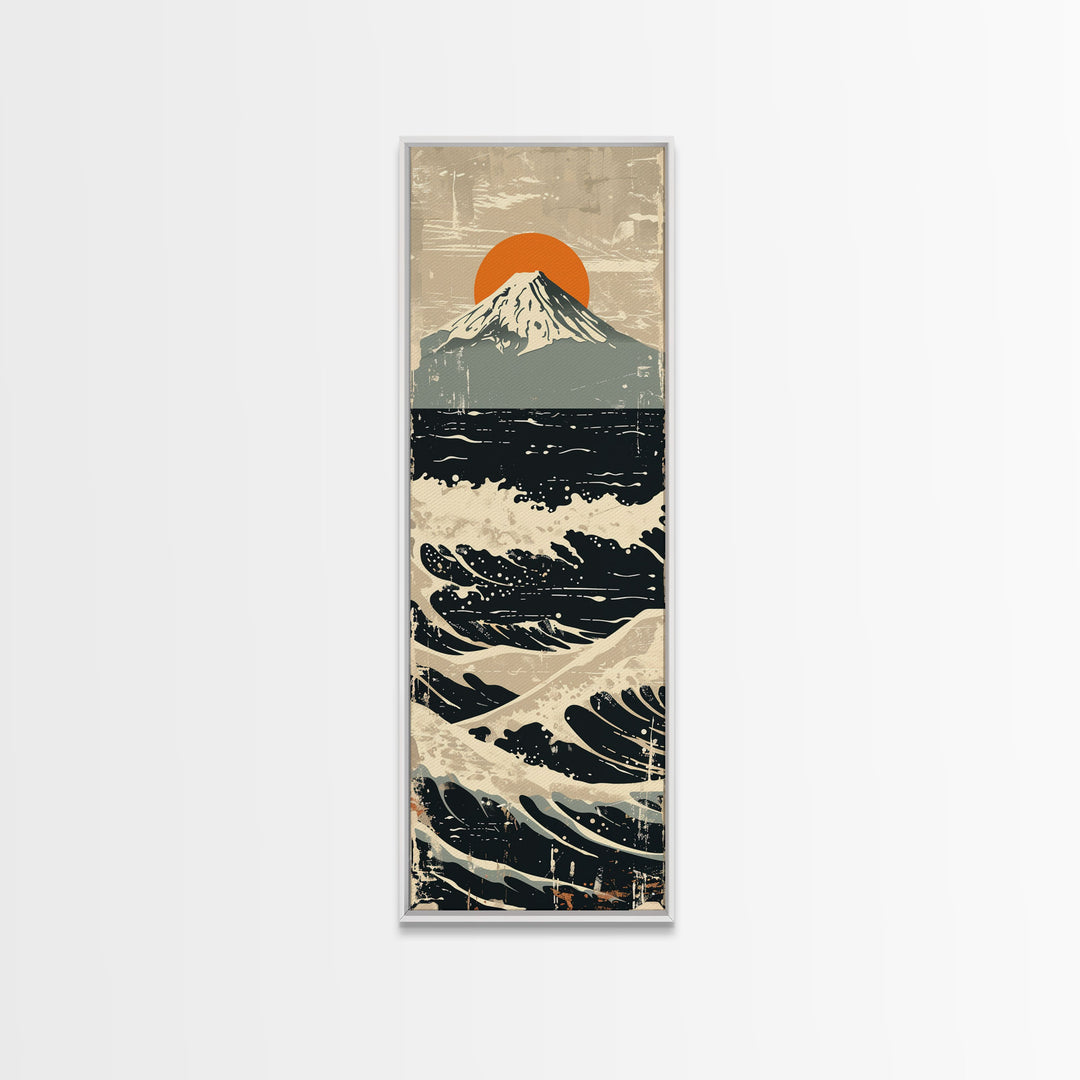 Skinny Art Tall Art Framed Canvas Print Japanese Style Art Vintage Mount Fuji Sun And Waves Wood Block Print Ukiyo-e Feng Shui Wall Art