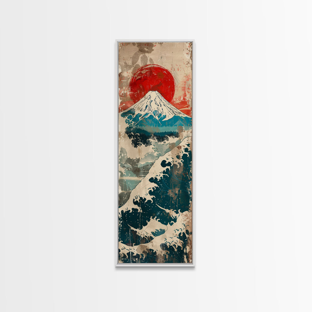 Skinny Art Tall Art Framed Canvas Print Japanese Style Art Retro Red Sun Mount Fuji Wood Block Print Ukiyo-e Feng Shui Wall Art