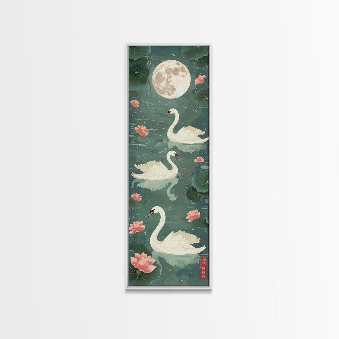 Swans Floating Gracefully Under The Full Moon In Japanese Style Ukiyo-e Art Framed Canvas Print Skinny Art Tall Art