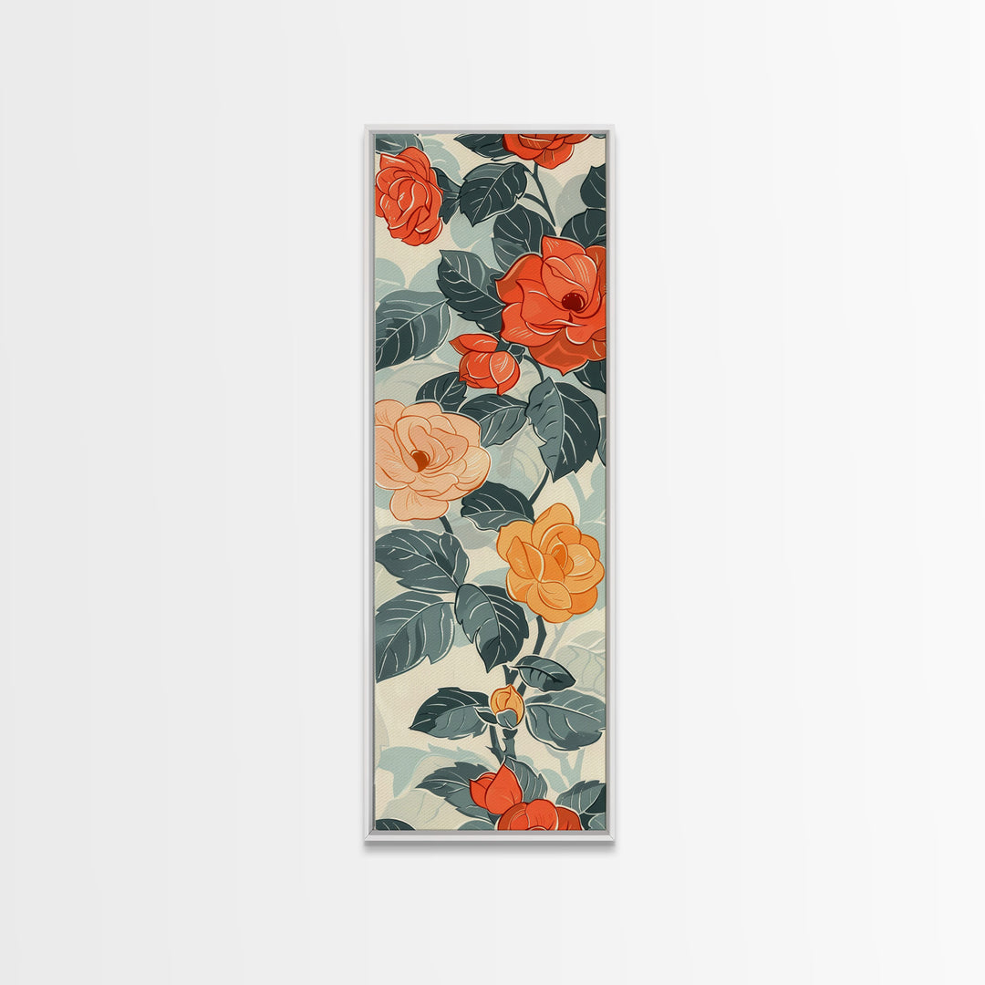 Vibrant Red And Orange Roses In Japanese Style Ukiyo-e Art Framed Canvas Print Skinny Art Tall Art