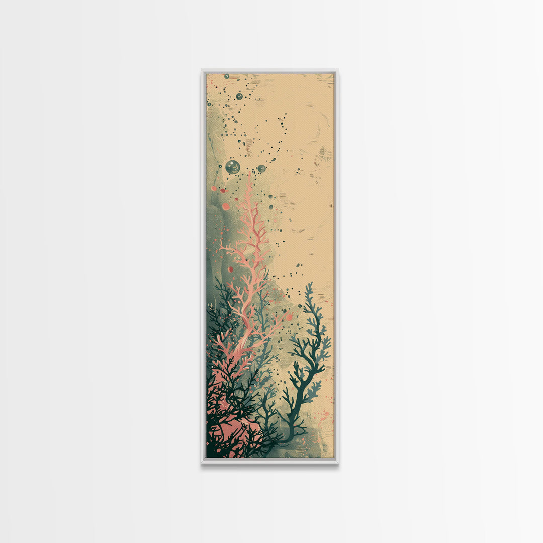 Tall Skinny Art Japanese Style Wood Block Print Abstract Seaweed In Soft Hues For Framed Canvas Print In Ukiyo-e Style