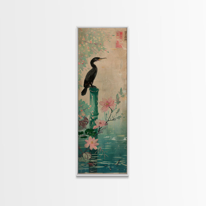 Tall Skinny Art Japanese Style Wood Block Print Bird Perched On Bamboo By A Pond With Flowers In Ukiyo-e Style For Framed Canvas Print