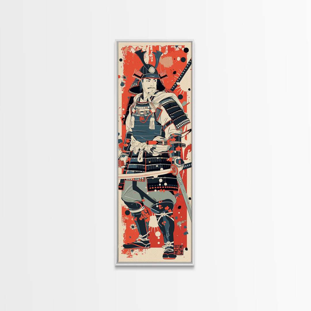 Tall Skinny Art Japanese Style Wood Block Print Samurai Warrior In Full Armor On A Red Background For Framed Canvas Print In Ukiyo-e Style