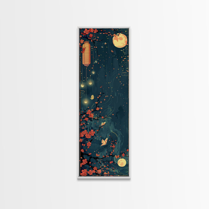 Tall Skinny Art Japanese Style Wood Block Print Night Scene With Lanterns And Cherry Blossoms For Framed Canvas Print In Ukiyo-e Style