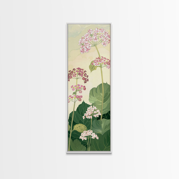 Towering Flower Stalks with Soft Green Leaves against a Pale Background - Skinny Art, Japanese Wall Decor, Framed Canvas Print, Ukiyo-e Style