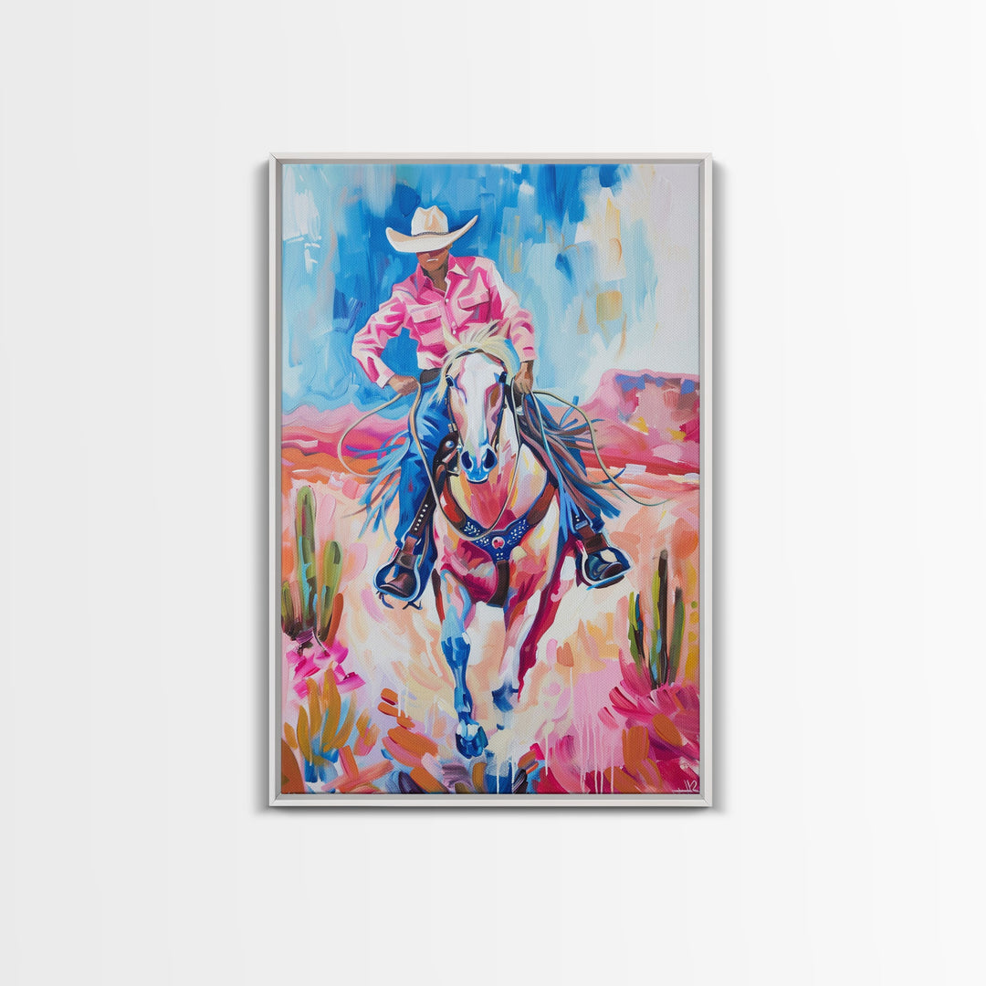 Vibrant Cowboy Riding Horse - Colorful Western Art, Framed Canvas Print, Living Room Decor, Cowboy Painting, Desert Wall Art