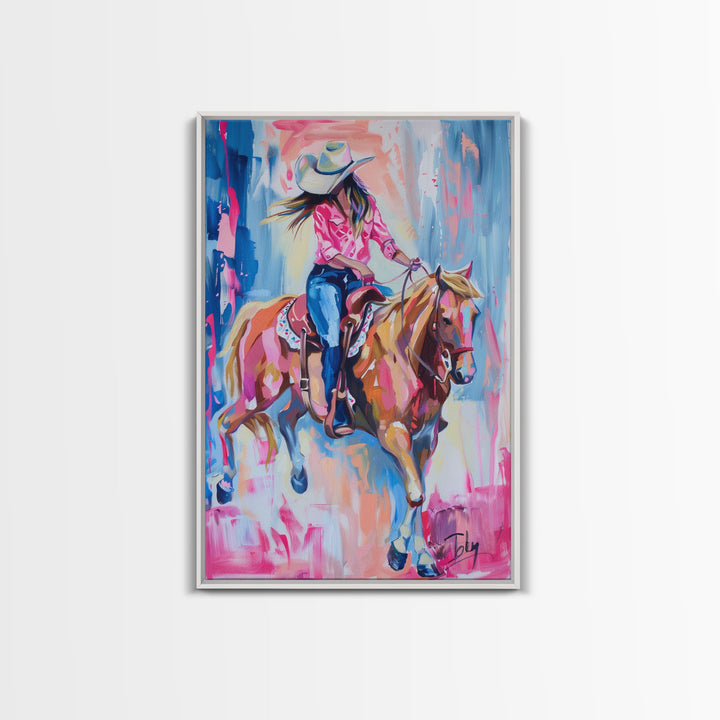 Stylish Cowgirl Riding Horse - Colorful Western Art, Framed Canvas Print, Living Room Decor, Cowgirl Painting, Vibrant Wall Art