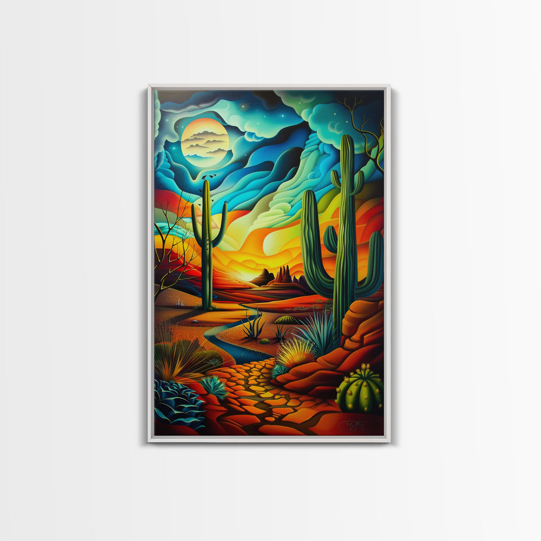 Southwestern Desert Scene - Vibrant Landscape Art, Framed Canvas Print, Living Room Decor, Desert Painting, Colorful Wall Art