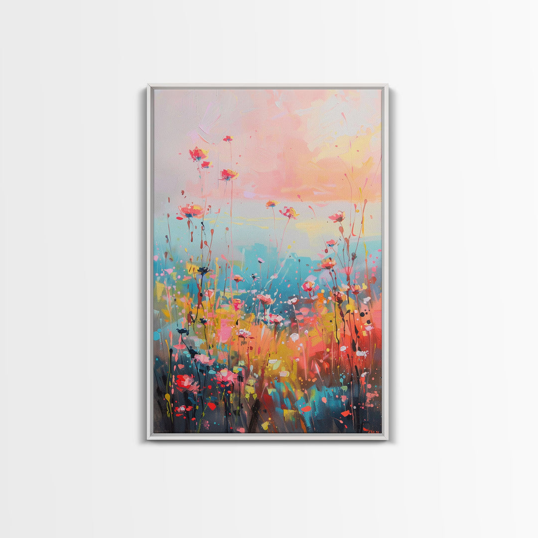 Abstract Floral Field at Sunset - Framed Canvas Print, Modern Living Room Art, Vibrant Bedroom Decor, Colorful Flower Art, Wall Art