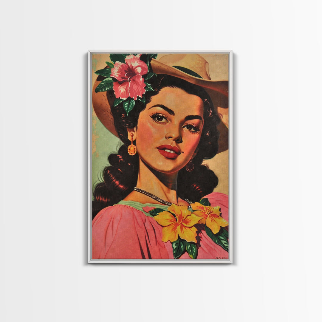 Vintage Portrait of a Lady with Flowers in Hair - Framed Canvas Print, Classic Living Room Art, Elegant Bedroom Decor, Retro Art, Wall Art