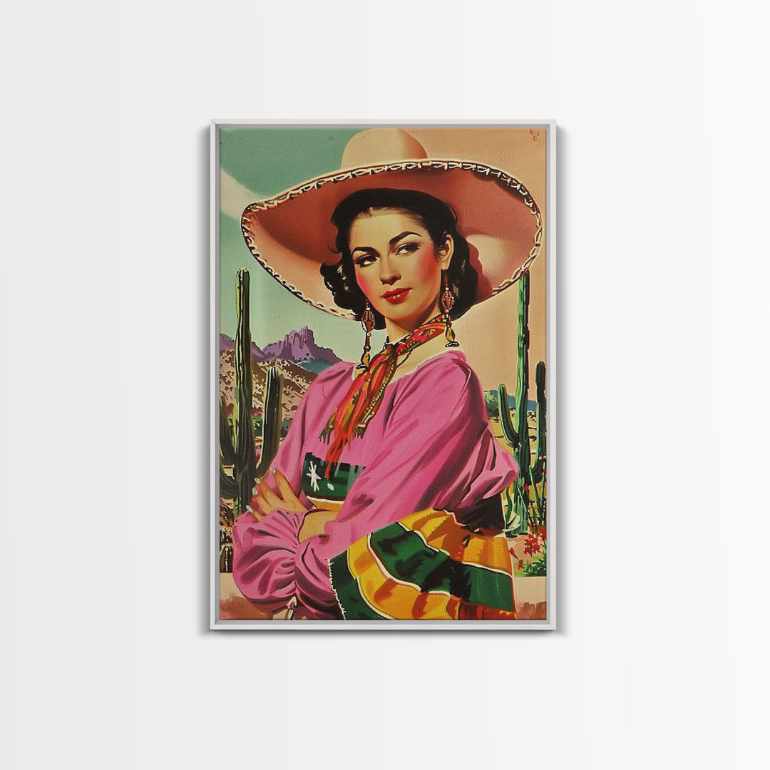 Western Portrait of a Latina Cowgirl with Cactus Background - Framed Canvas Print, Southwest Living Room Art Rustic Bedroom Decor, Retro Art