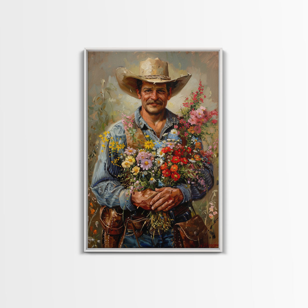 Smiling Cowboy with Flowers - Framed Canvas Print, Country Living Room Art, Rustic Bedroom Decor, Cowboy Art, Wall Art