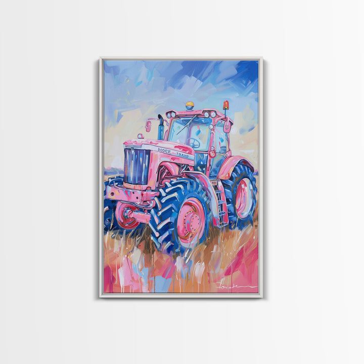 Vibrant Pink Tractor in Field with Blue Sky - Framed Canvas Print, Farmhouse Wall Art, Rustic Tractor Art for Living Room Decor