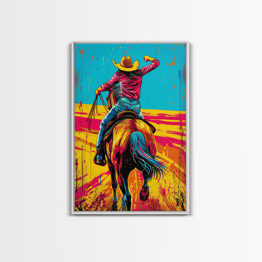 Vibrant Pop Art Cowboy on Horseback in Dynamic Colors - Framed Canvas Print, Western Decor, Cowboy Art for Living Room, Home Wall Art