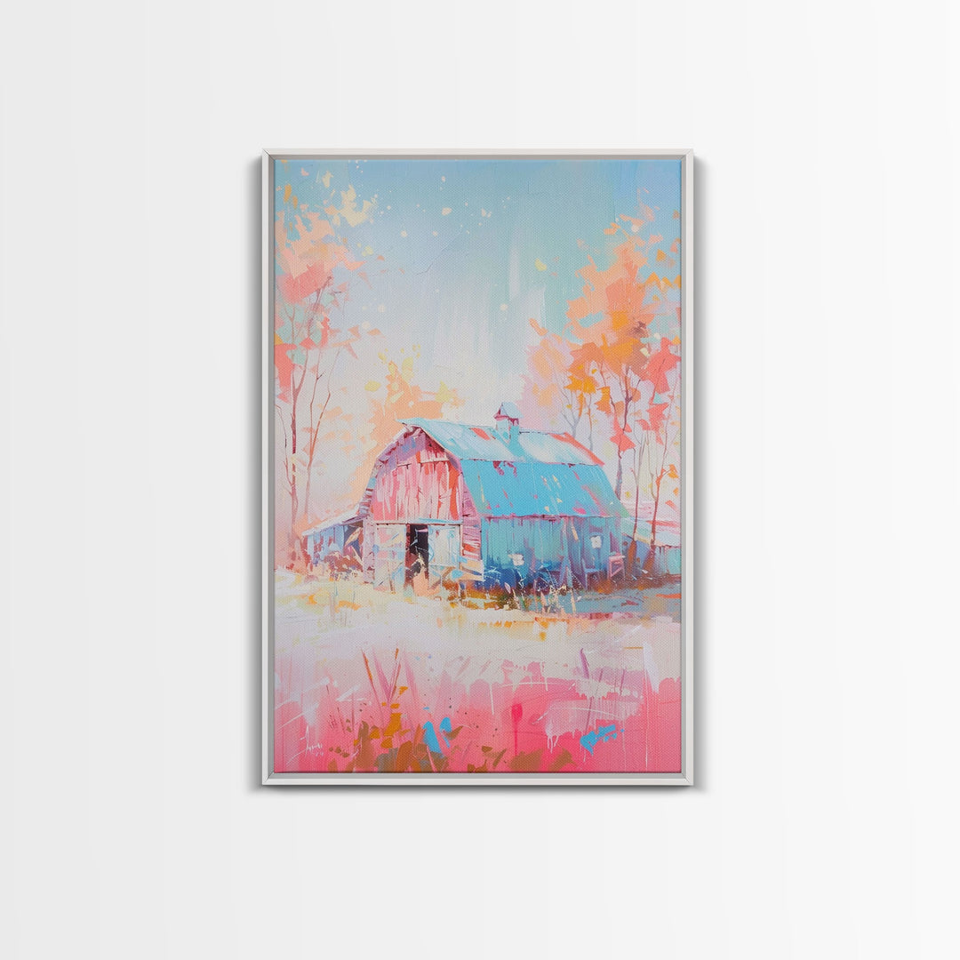 Vintage Pastel Barn with Blue Roof and Trees - Framed Canvas Print, Rustic Farmhouse Decor, Country Art for Home, Bedroom Wall Art