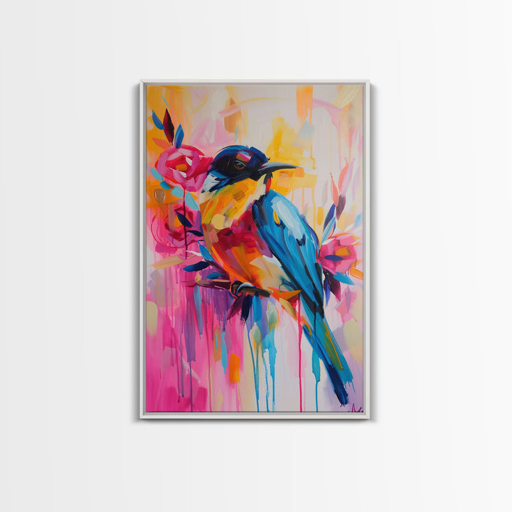 Vibrant Bird and Flowers in Colorful Pop Art Style - Framed Canvas Print Bird Decor, Floral Art for Living Room, Bright Wall Art for Bedroom