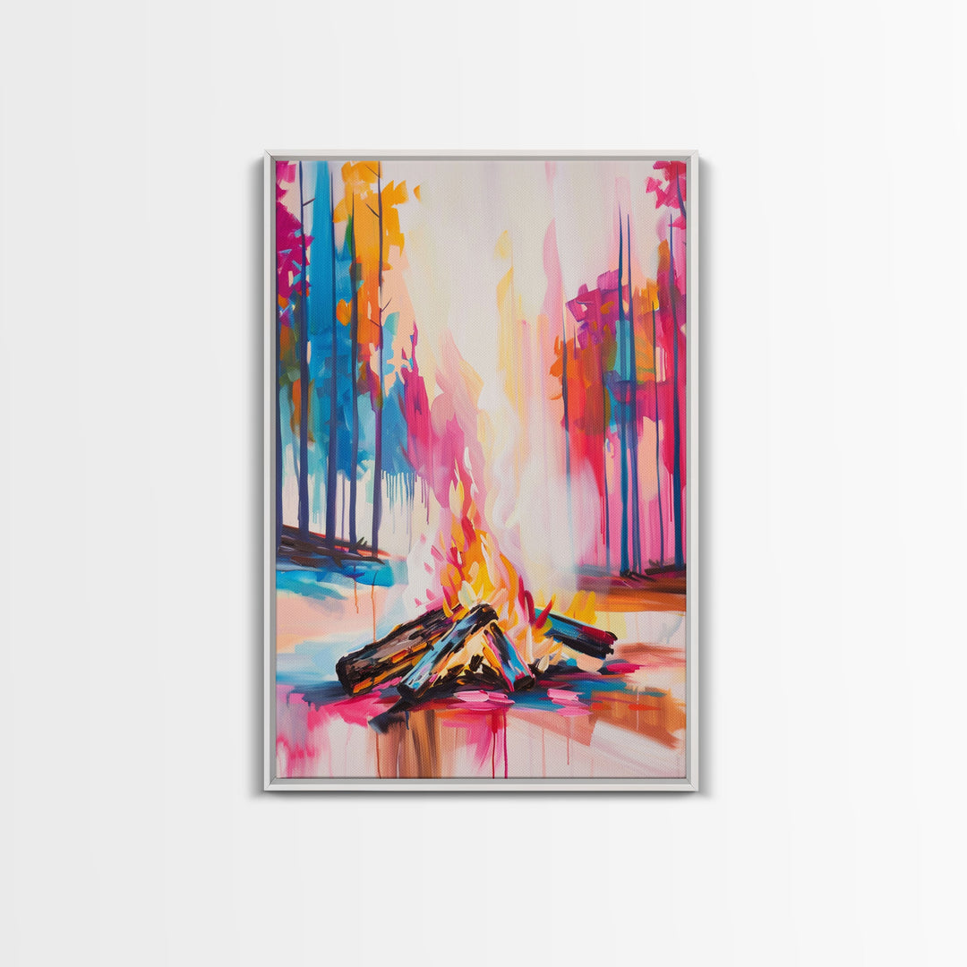 Vibrant Campfire Framed Canvas Print - Colorful Nature Wall Art, Living Room Decor, Modern Artwork, Unique Fire Art for Bedroom and Office