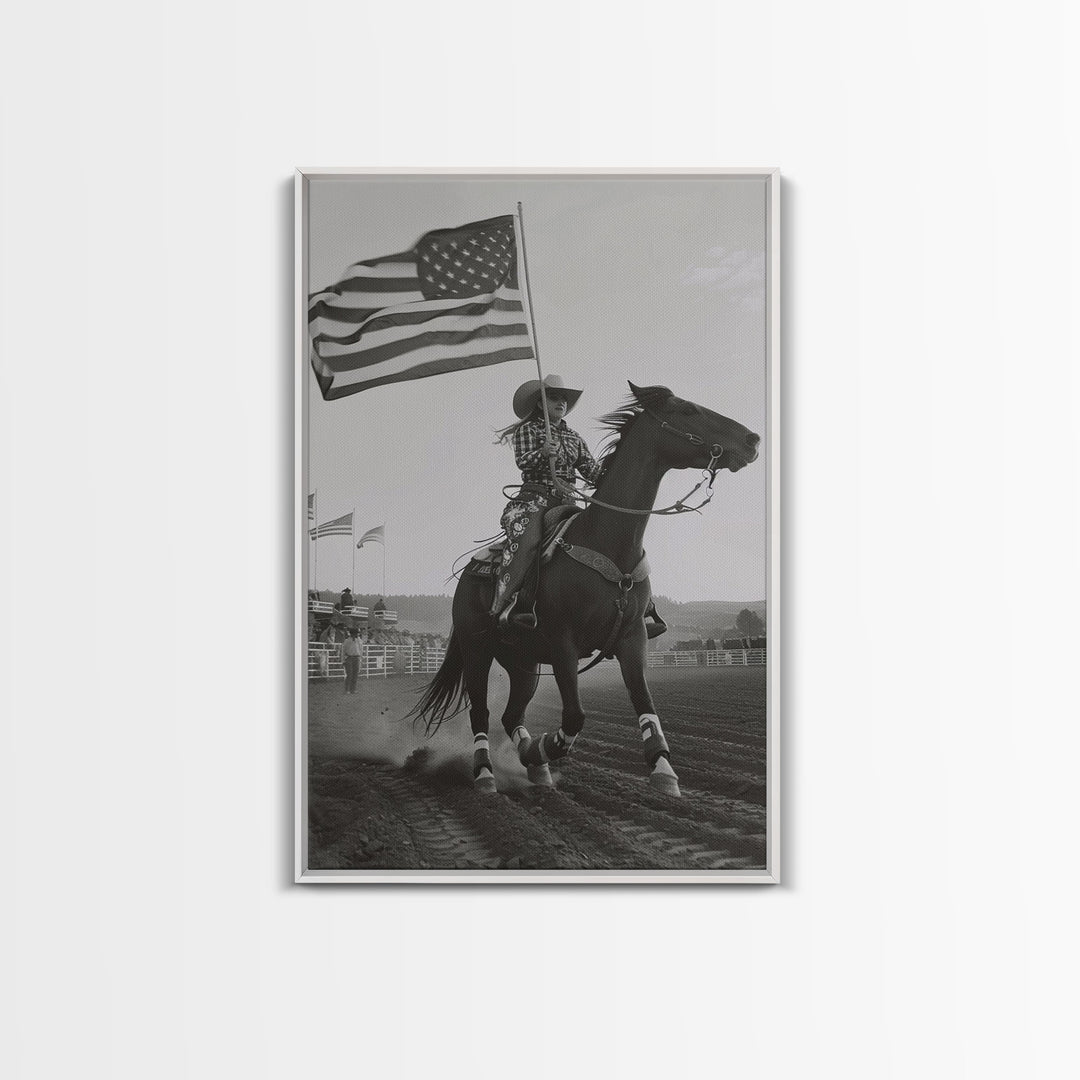 Patriotic Cowgirl with Flag Art Print, Western Rodeo Framed Canvas, Vintage Black and White Photography, Unique Wall Art