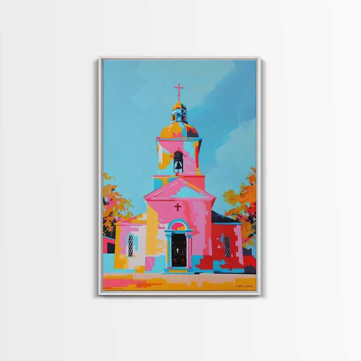 Abstract Church Painting with Bold Colors - Framed Canvas Print, Modern Religious Wall Art, Vibrant Church Decor for Home and Living Room