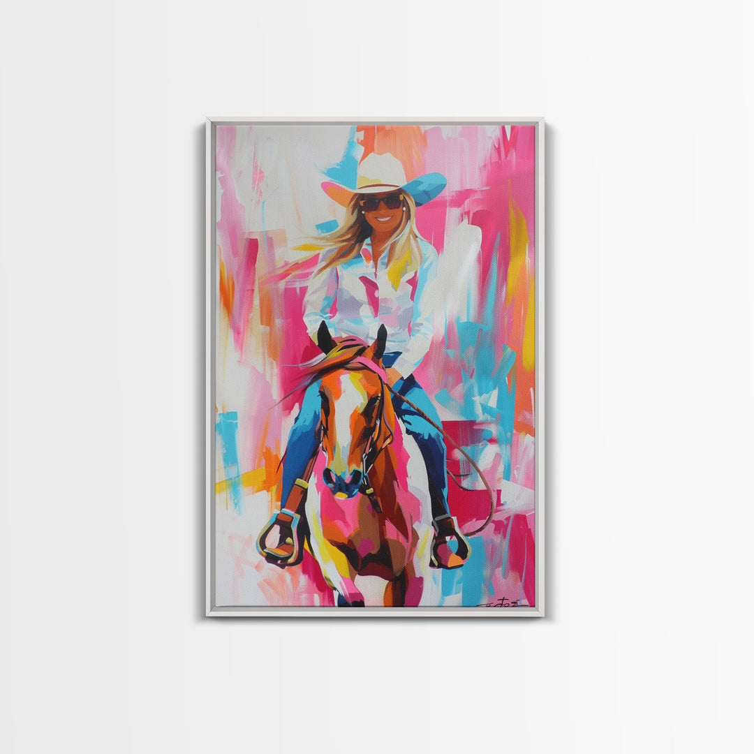 Smiling Cowgirl Riding Horse Art - Framed Canvas Print, Cheerful Living Room Decor, Colorful Western Wall Art, Horse Rider Artwork