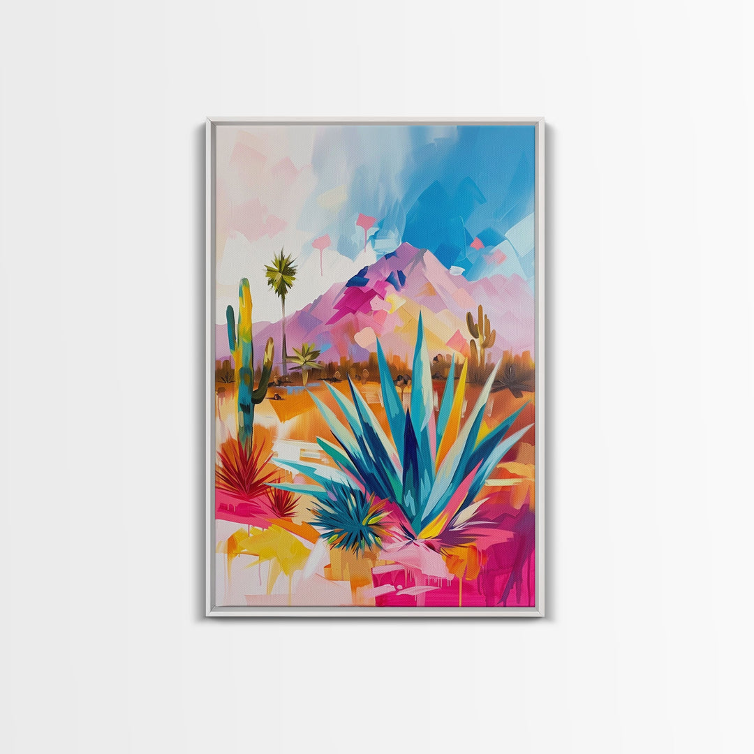 Vibrant Desert Landscape Art - Framed Canvas Print, Southwestern Decor, Modern Living Room Wall Art, Colorful Cactus and Mountains