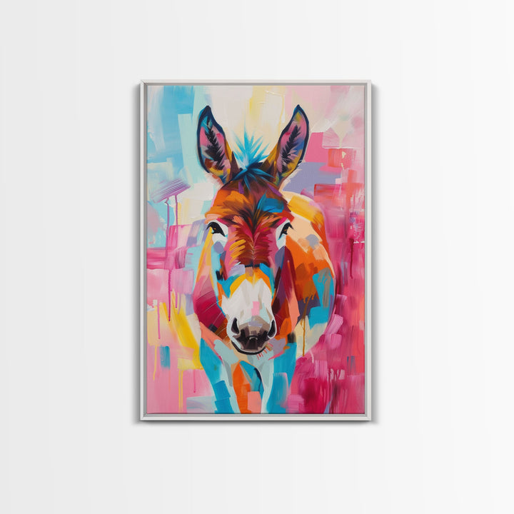 Vibrant Donkey Close-up Art - Framed Canvas Print, Southwestern Decor, Colorful Living Room Wall Art, Modern Animal Portrait