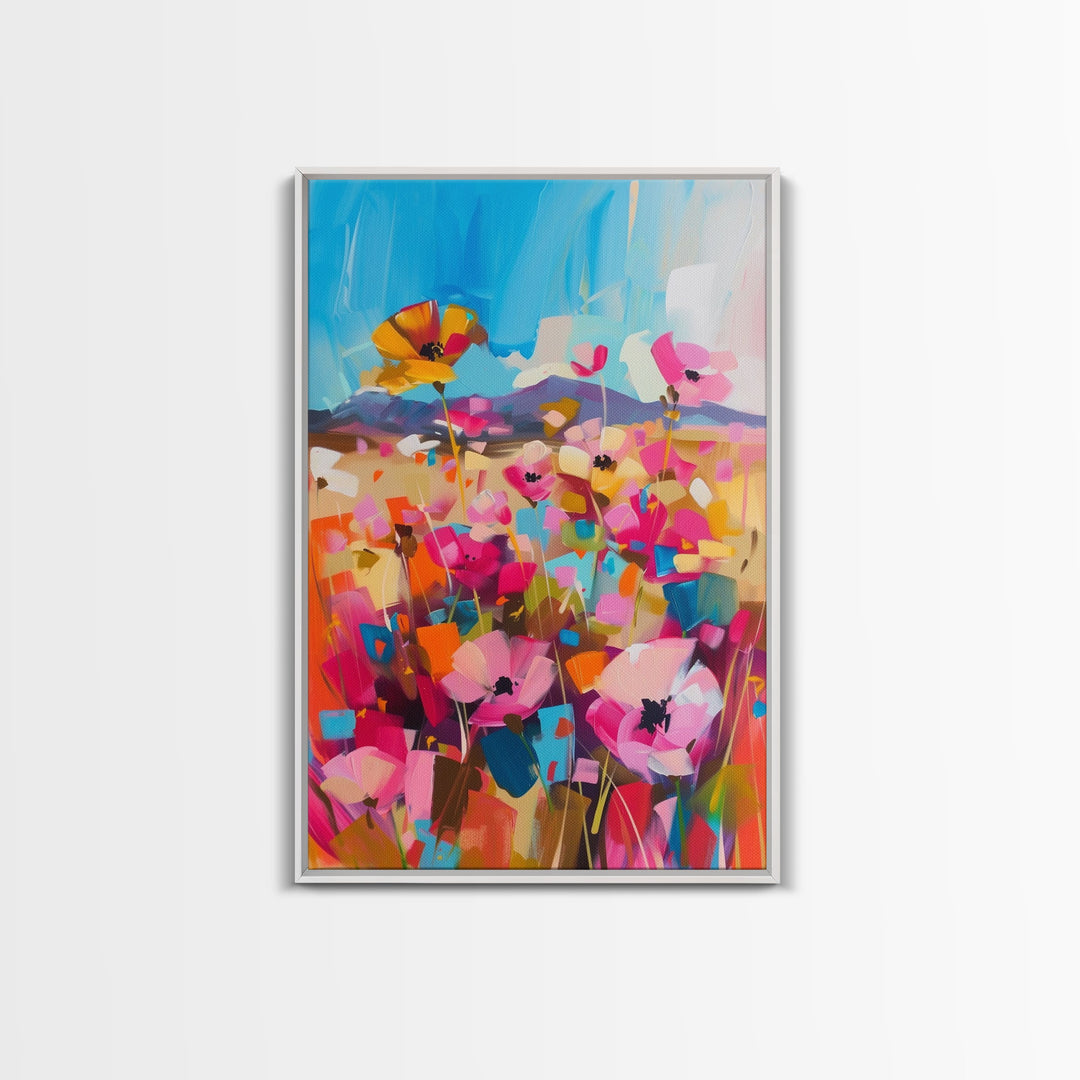 Wildflower Meadow in Bloom Framed Canvas Print - Bright Floral Wall Art, Cheerful Living Room Decor, Colorful Bedroom Art, Nature Art