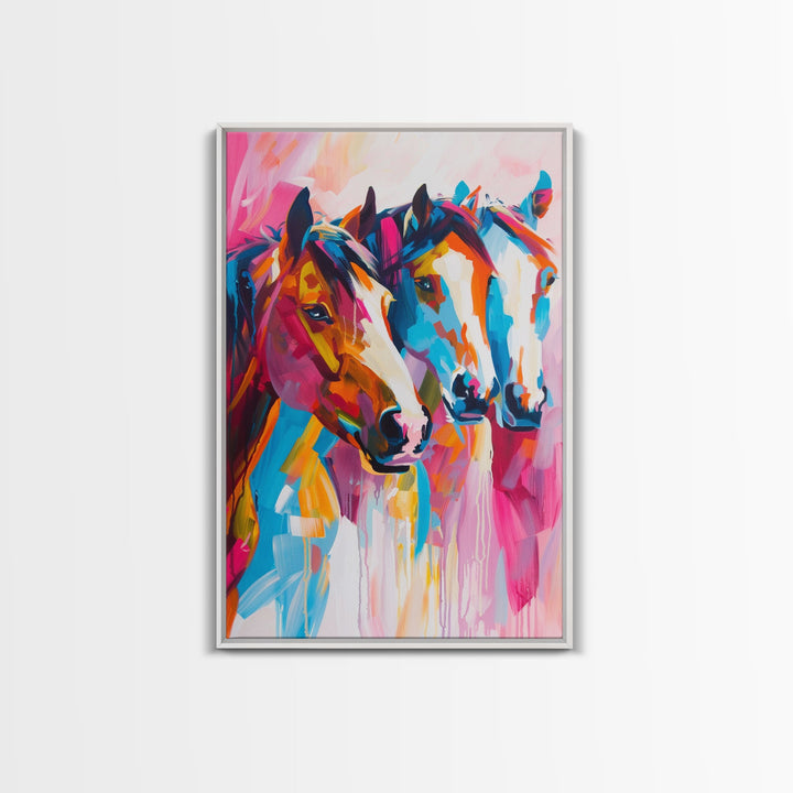 Three Horses in Vibrant Colors Framed Canvas Print - Bold Horse Wall Art, Eye-catching Living Room Decor Bright Bedroom Art Horse Lover Gift