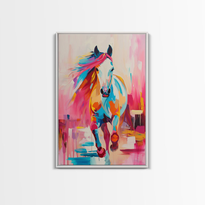 Vibrant Horse in Motion Framed Canvas Print - Dynamic Horse Wall Art, Colorful Living Room Decor, Energetic Bedroom Art, Equestrian Home Art