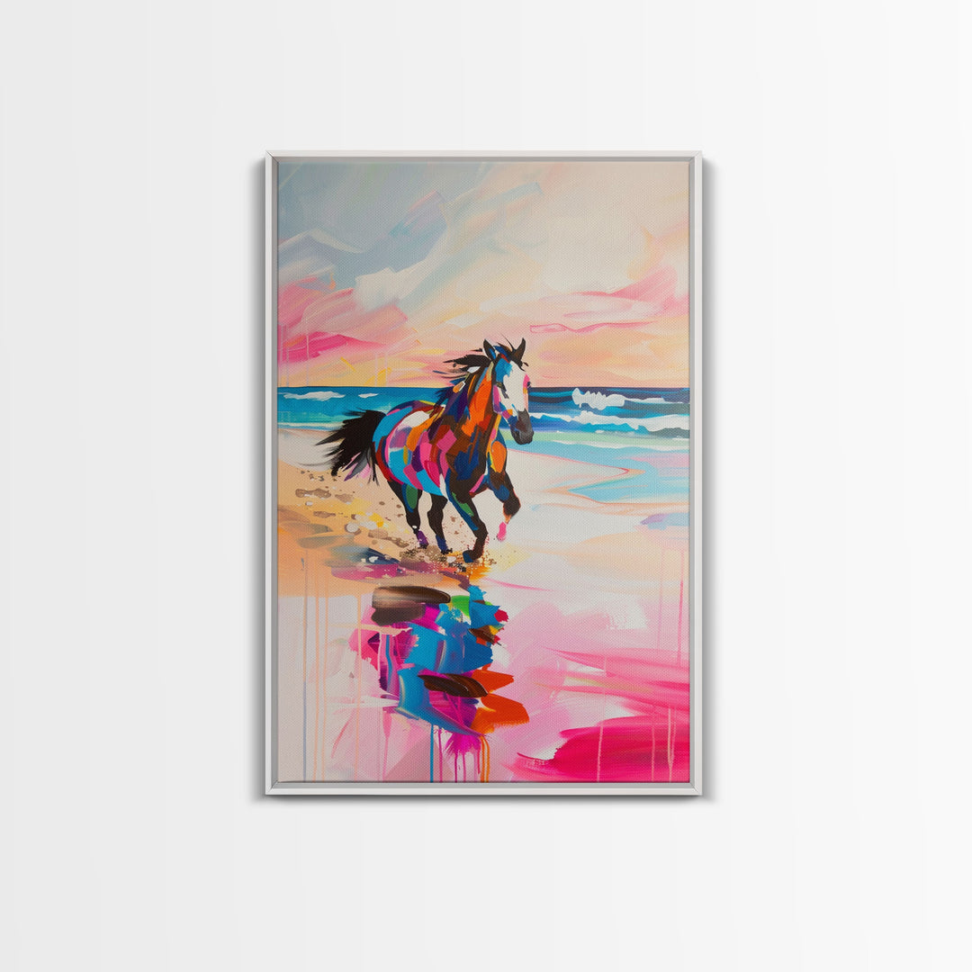 Vibrant Horse on the Beach - Framed Canvas Print, Colorful Wall Art, Coastal Living Room Decor, Modern Horse Artwork, Beach Art Print