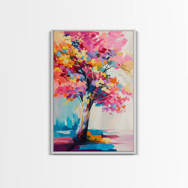 Vibrant Tree Art in Bold Colors - Framed Canvas Print, Modern Wall Art, Living Room Decor, Colorful Nature Artwork, Abstract Tree Art Print