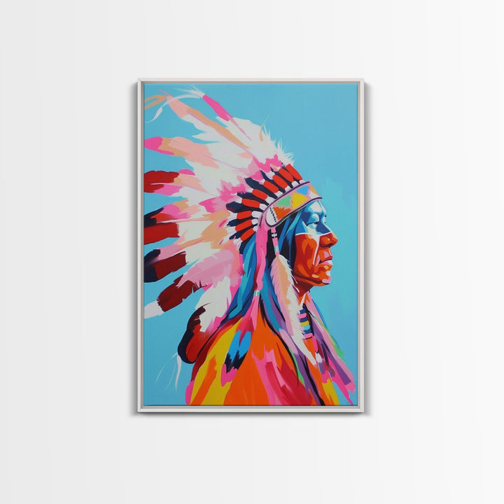 Vibrant Native American Chief Framed Canvas Print - Bold Wall Art, Living Room Decor, Colorful Tribal Art for Bedroom, Home Decor